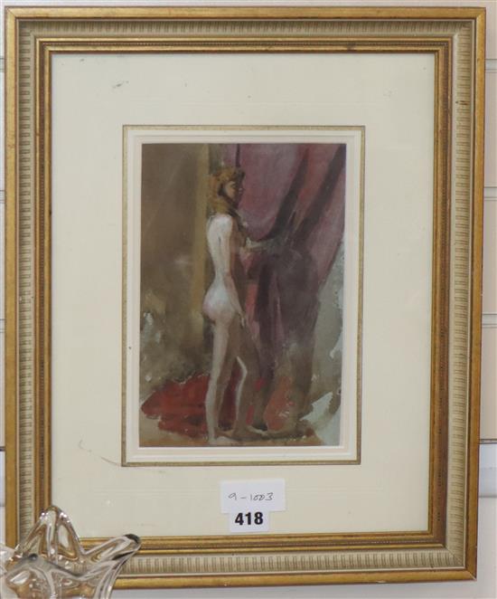 English School, watercolour, Standing female nude, inscribed verso Brabazon Brabazon in a later hand, 23 x 16cm